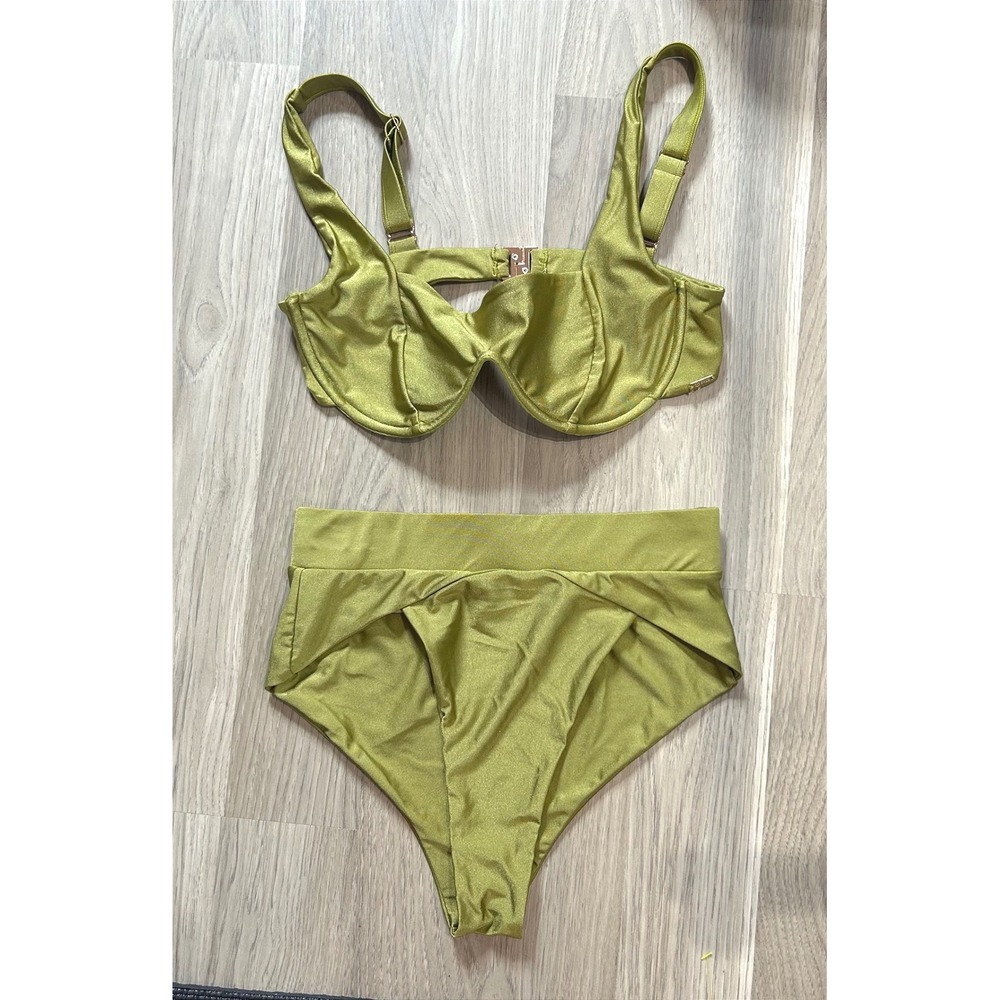 Retro-Futurism MBM Swim Underwire High Waist Bikini Set L/M Chartreuse Metallic